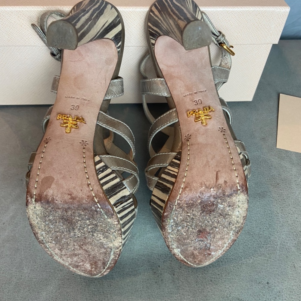 Prada Platform Stiletto Strappy Sandals with striped wooden heals - Picture 7 of 9